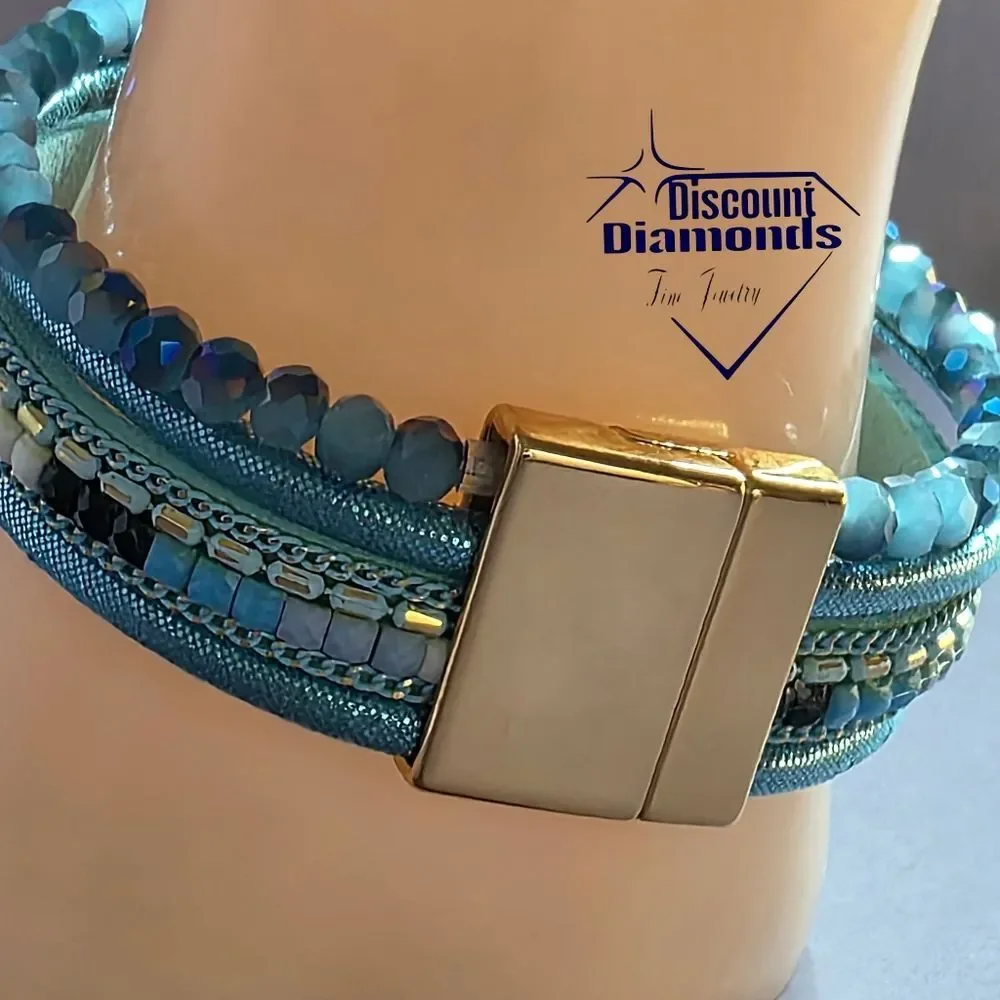 Vintage Boho Light Blue & Gold Leather Bracelet